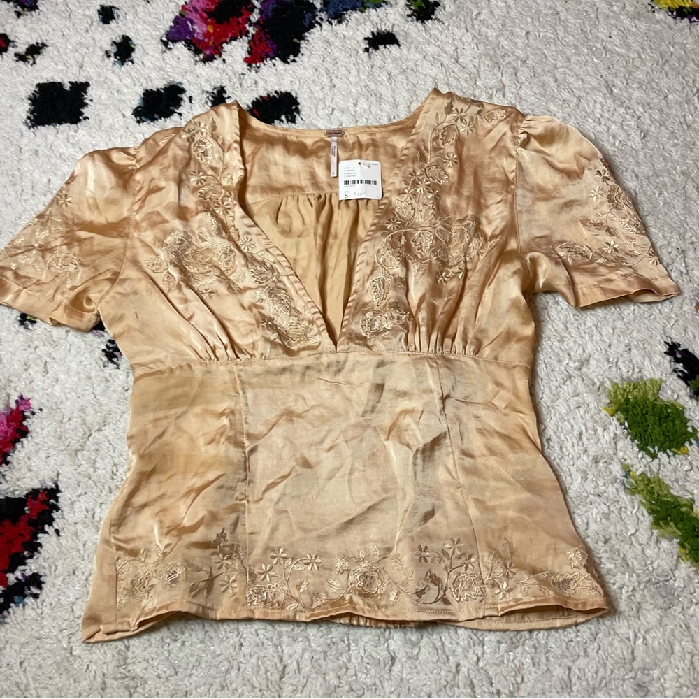 NWT Free People Beige Floral Satin Short Sleeve Top